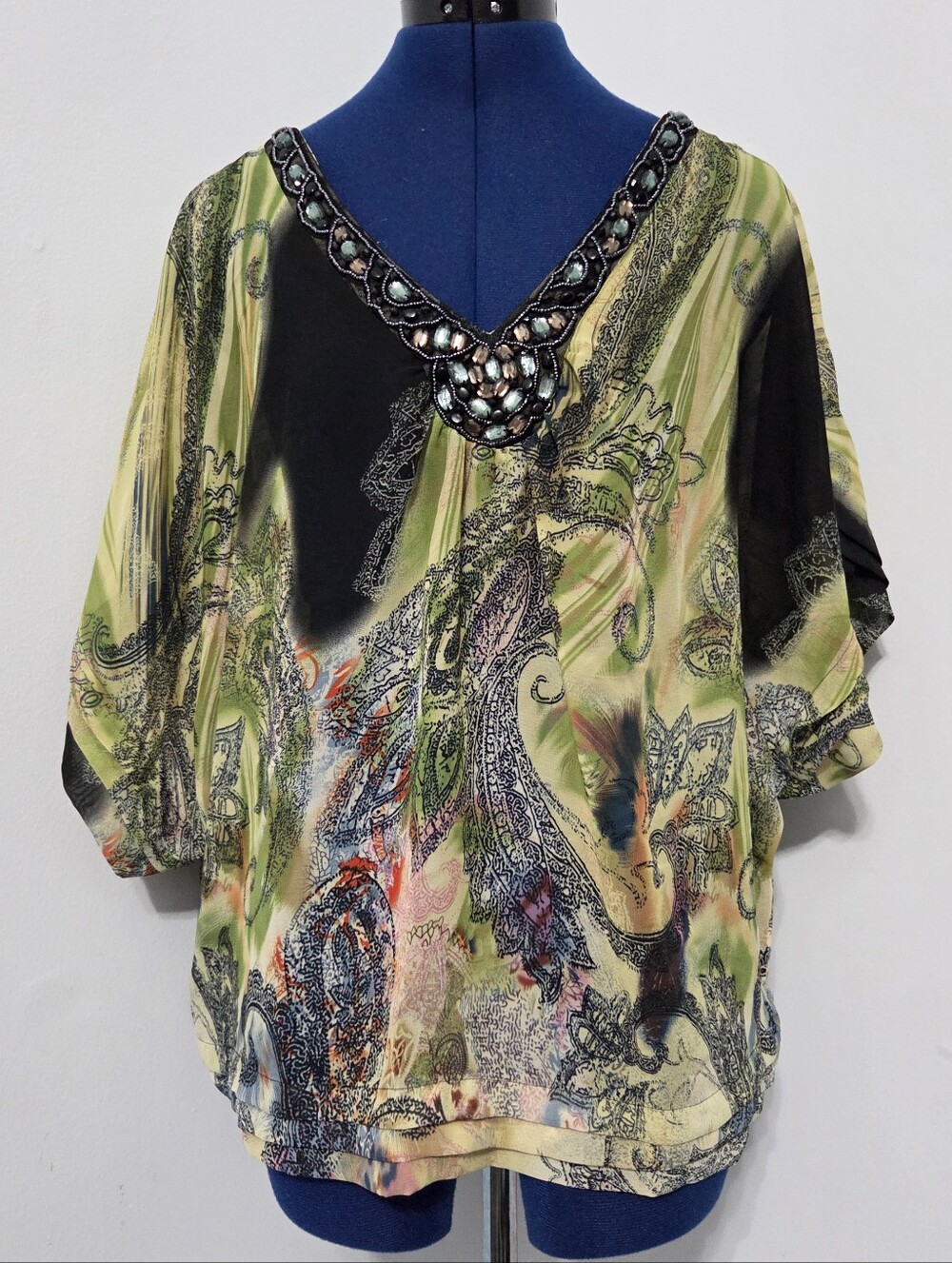 Green Paisley Chiffon Poncho Blouse Size  L